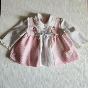 Vintage Baby Girls Long Sleeve Dress Pink & White Floral Embroidery 1950s